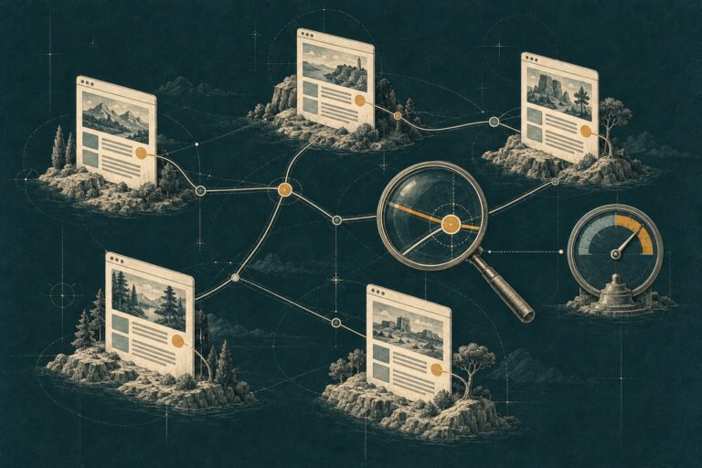 Web pages connected by paths, with a magnifying glass inspecting a link and a status gauge.