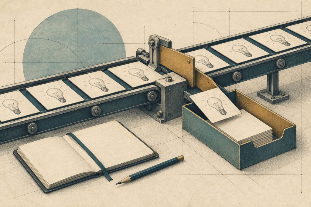 An idea card is diverted from a flow of cards into a review tray.