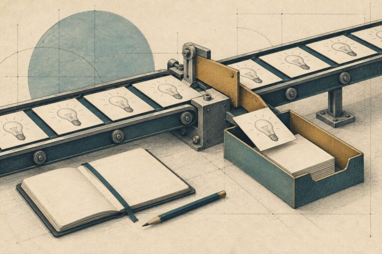 An idea card is diverted from a flow of cards into a review tray.