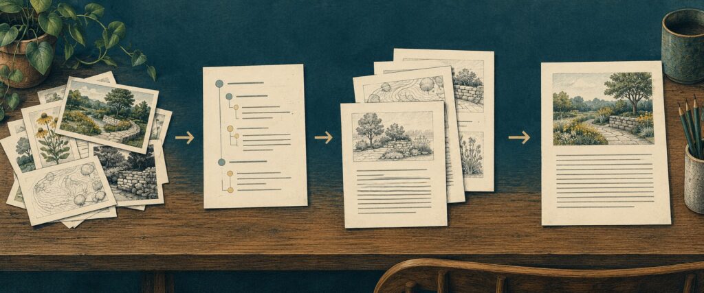 Source clippings progress through an outline and section sheets into an assembled article.