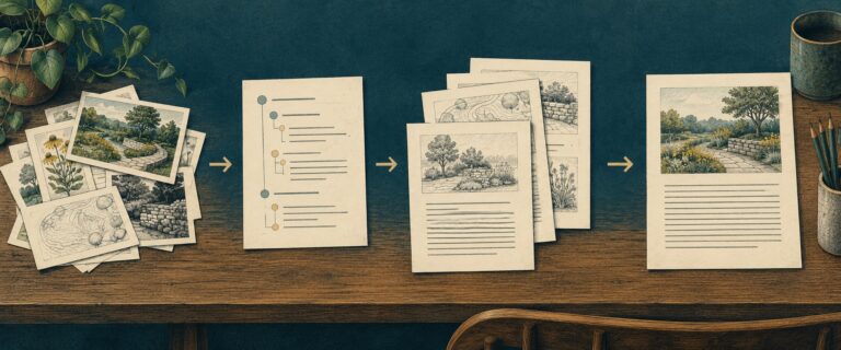 Source clippings progress through an outline and section sheets into an assembled article.