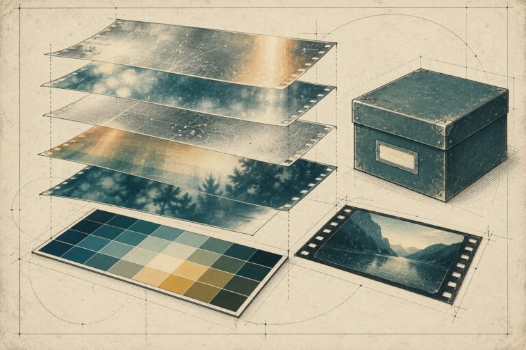 Layered film effects, a colour swatch and an asset archive box.