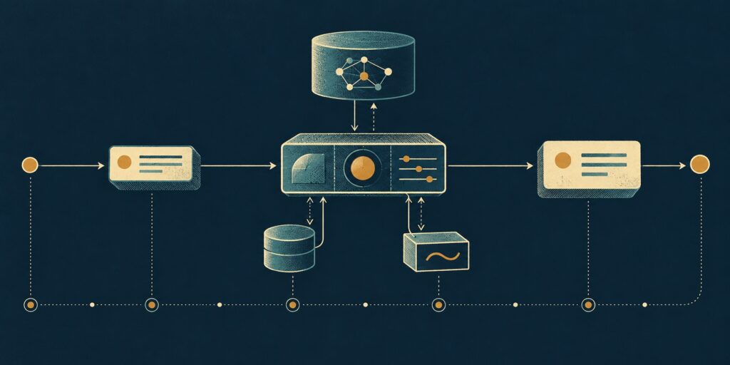 Retrofuturist technical illustration of an AI agent platform connecting a request, agent, model, tools, response, and observability trace.