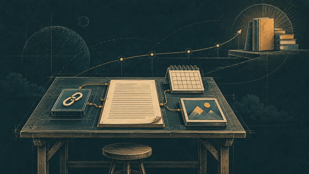 A manuscript, calendar, image and link tools arranged on a drafting table.