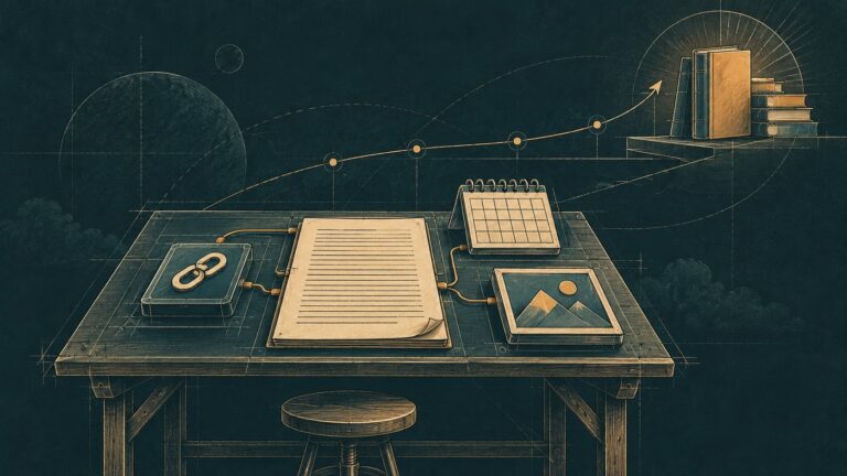 A manuscript, calendar, image and link tools arranged on a drafting table.