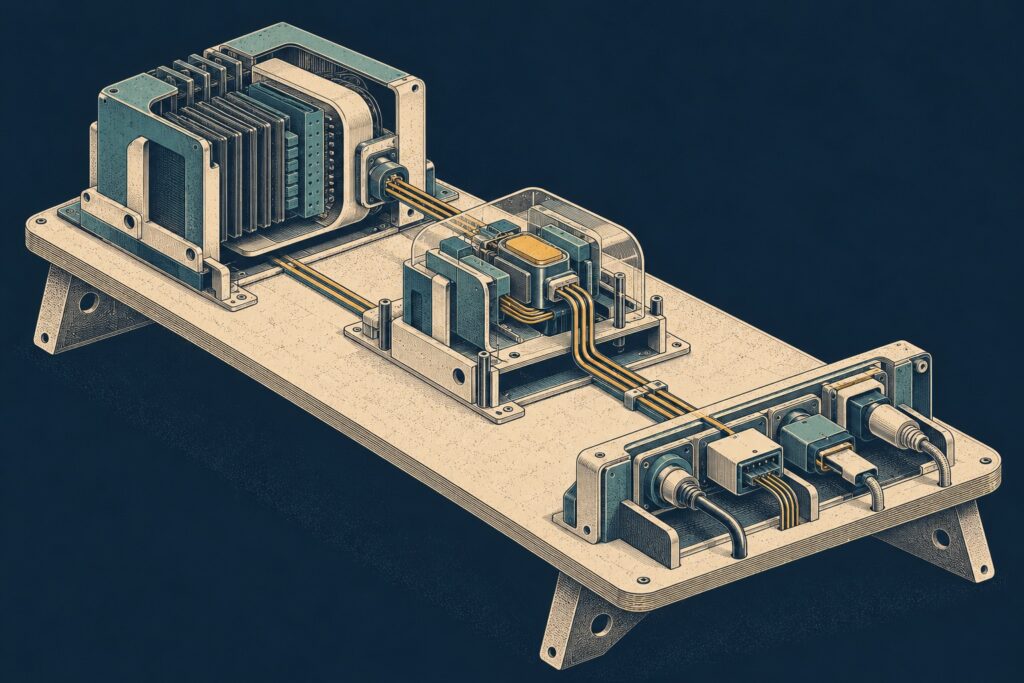 Pencil-drafted retrofuturist cutaway showing model, agent and tool layers connected on a local platform workbench.