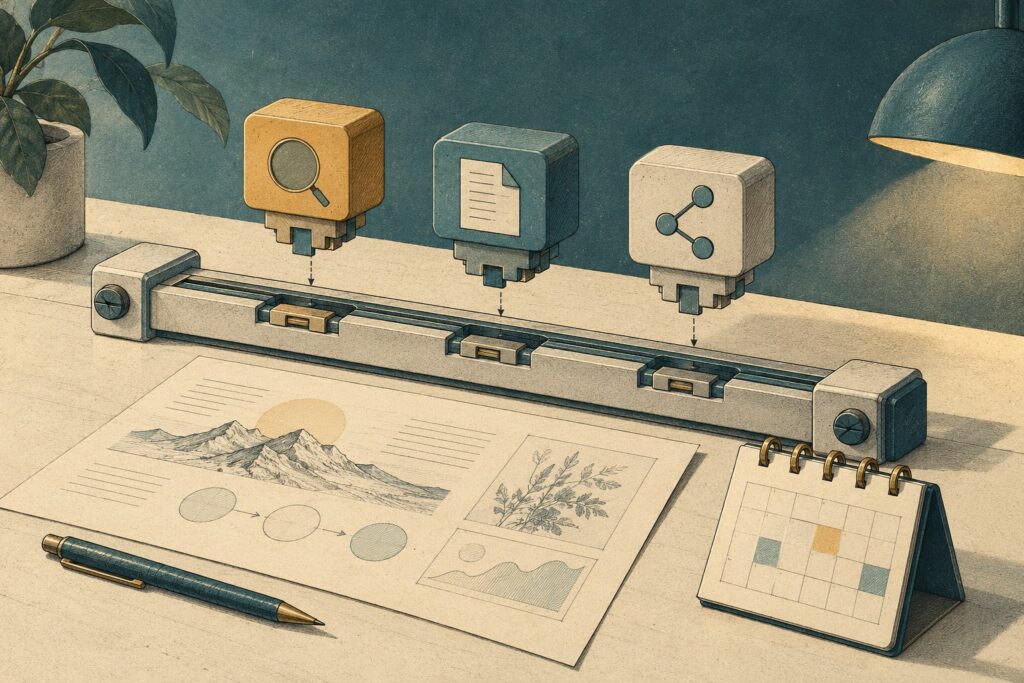 Removable modules on a rail alongside a research sheet and a calendar.