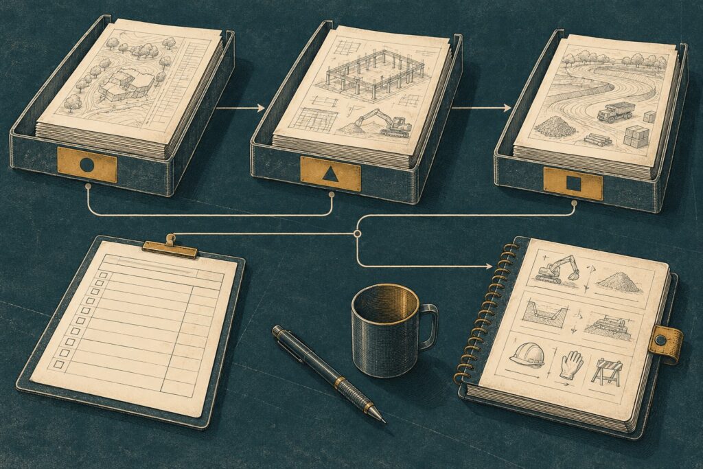 Three document queues connected to a form and an instruction notebook.