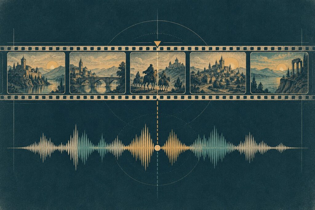 A strip of video scenes aligned with an audio waveform.