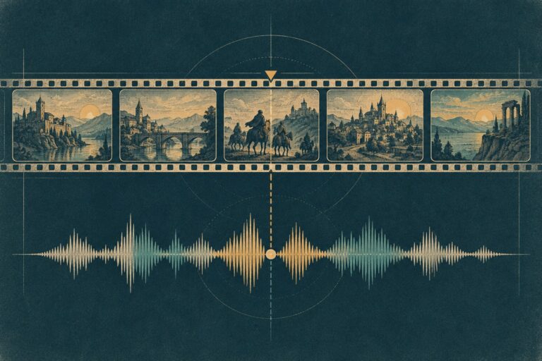 A strip of video scenes aligned with an audio waveform.