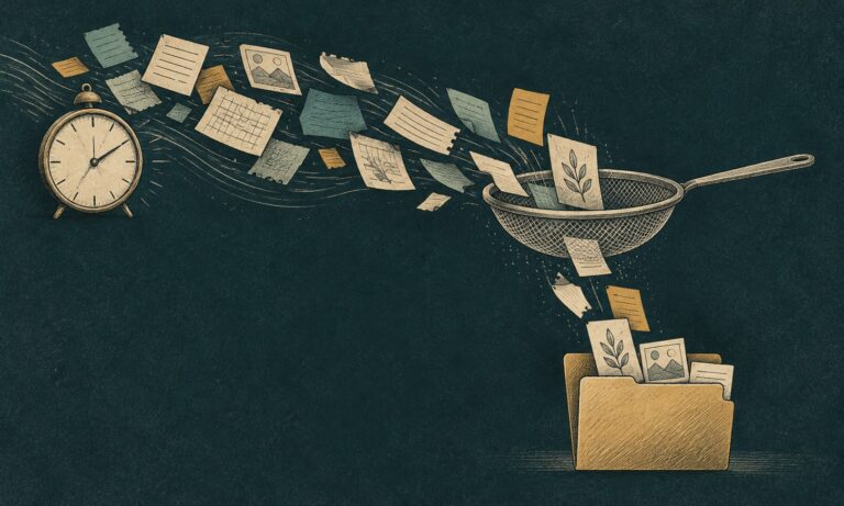A clock and a sieve filter a stream of source notes into a folder.