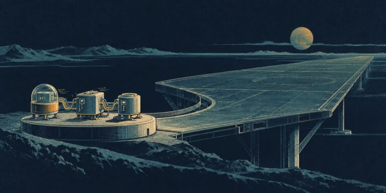 Retrofuturist technical sketch of a compact local AI proof-of-concept rig beside a much larger untested load platform.