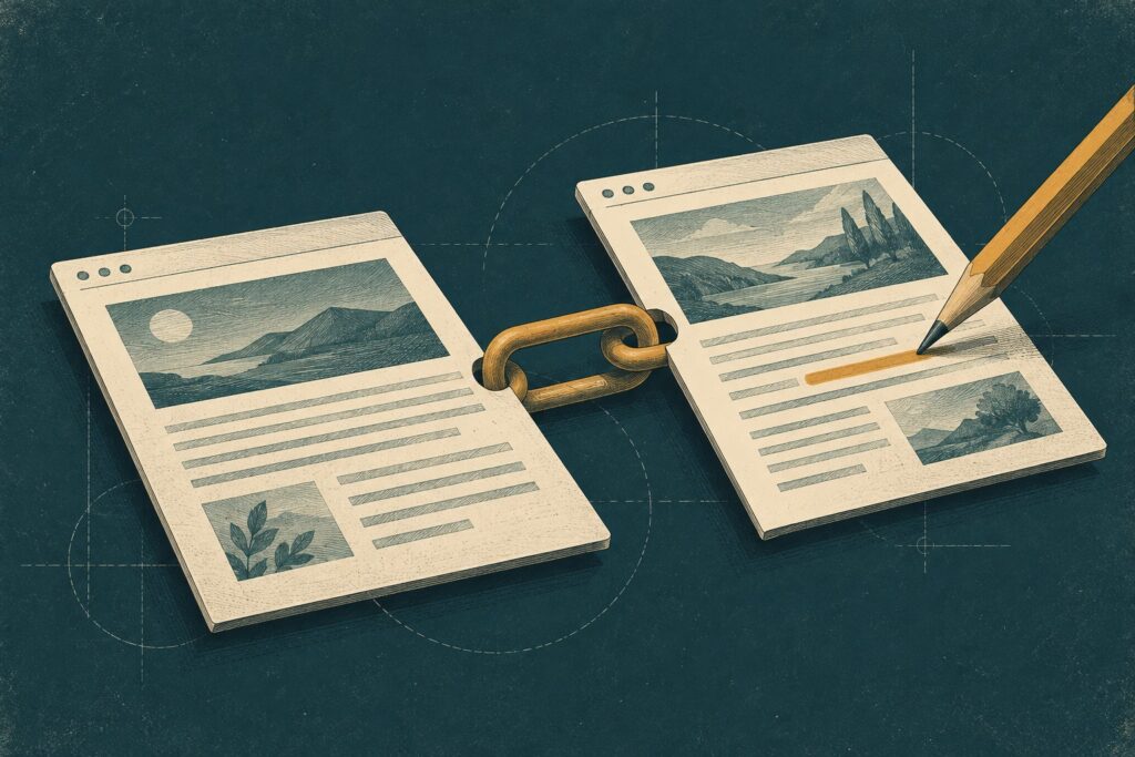 A pencil edits a web page connected to another page by a chain link.