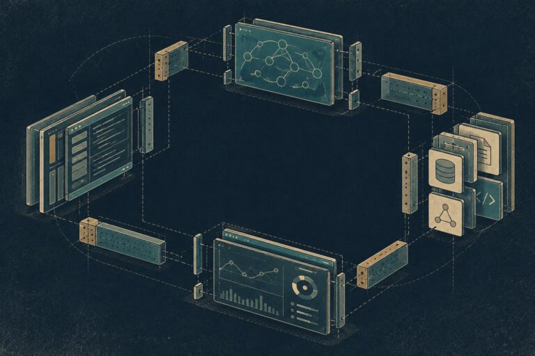 Retrofuturist technical sketch of modular components being assembled into an open-source AI agent platform.