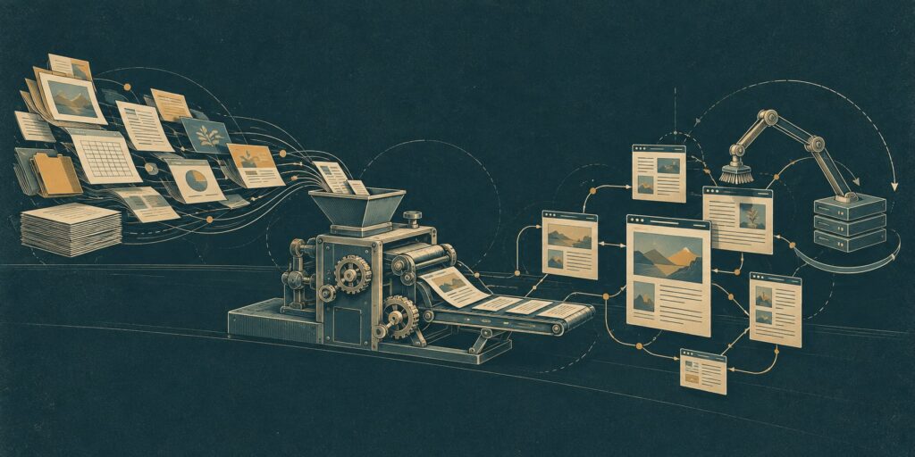 Technical sketch of source documents feeding a publishing mechanism and linked web pages.