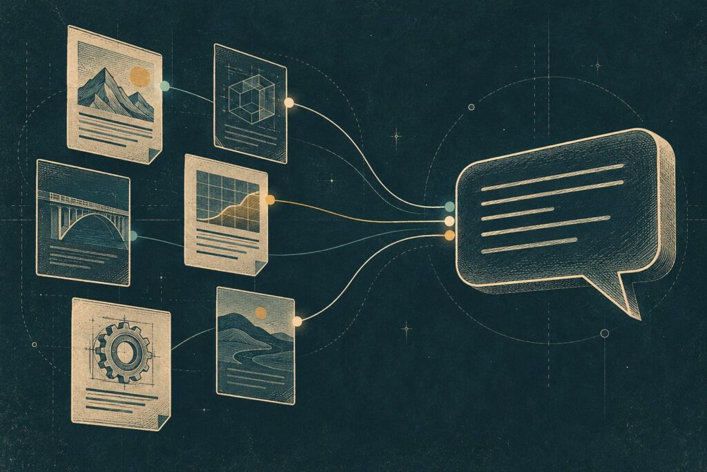 Document cards connected to a speech bubble to represent site-aware chat.