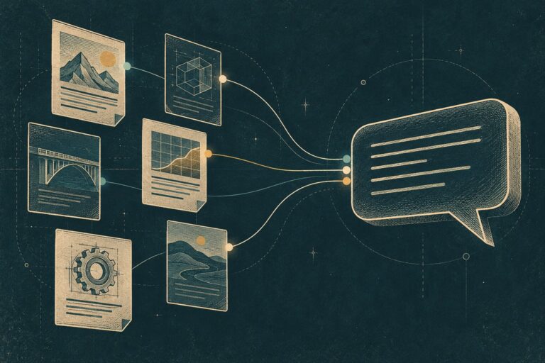 Document cards connected to a speech bubble to represent site-aware chat.