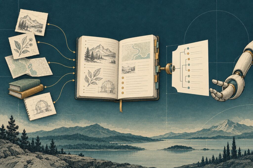 Source notes feed into a journal and a structured outline for an agent.