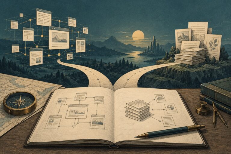 An open notebook with paths towards linked pages and source documents.
