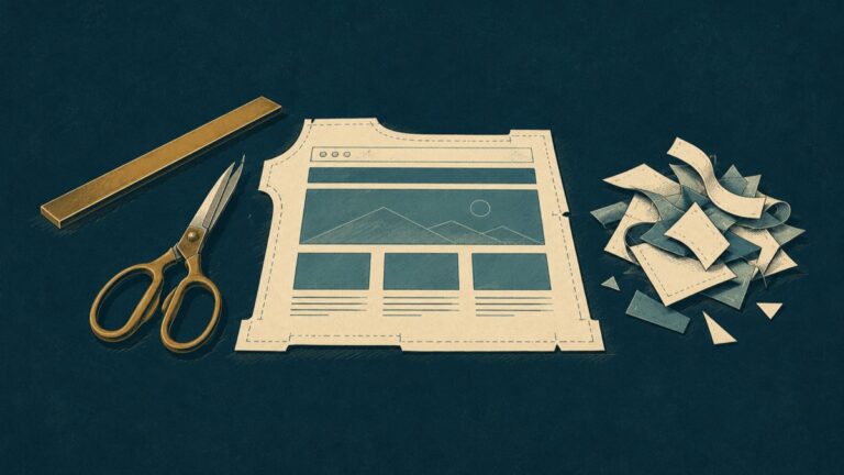 A tailored paper webpage pattern with scissors and discarded offcuts.